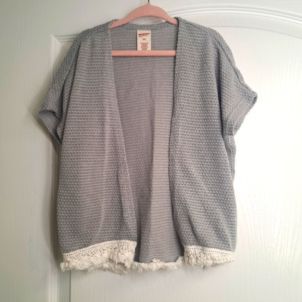 Girls Gray Crochet Cardigan Boho Open Front Sweater